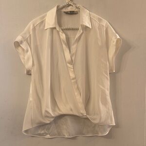 GO BY GO SILK Sz Small Cream Satin Wrap-Front Collared Short Sleeve Blouse